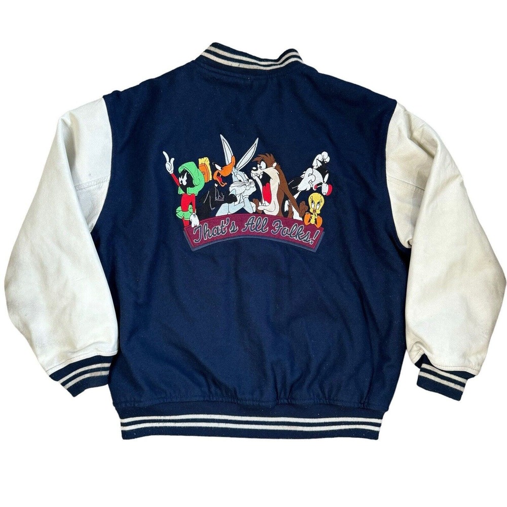90s Warner Bros Studio Store Kids Wool Leather Varsity Jacket Blue Size XL